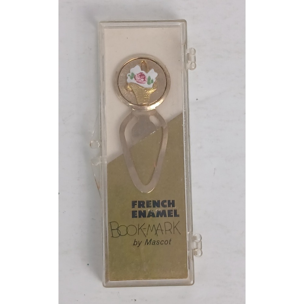 Vintage French Enamel Flower Basket Bookmark by Mascot Hand Polished Gold Plated